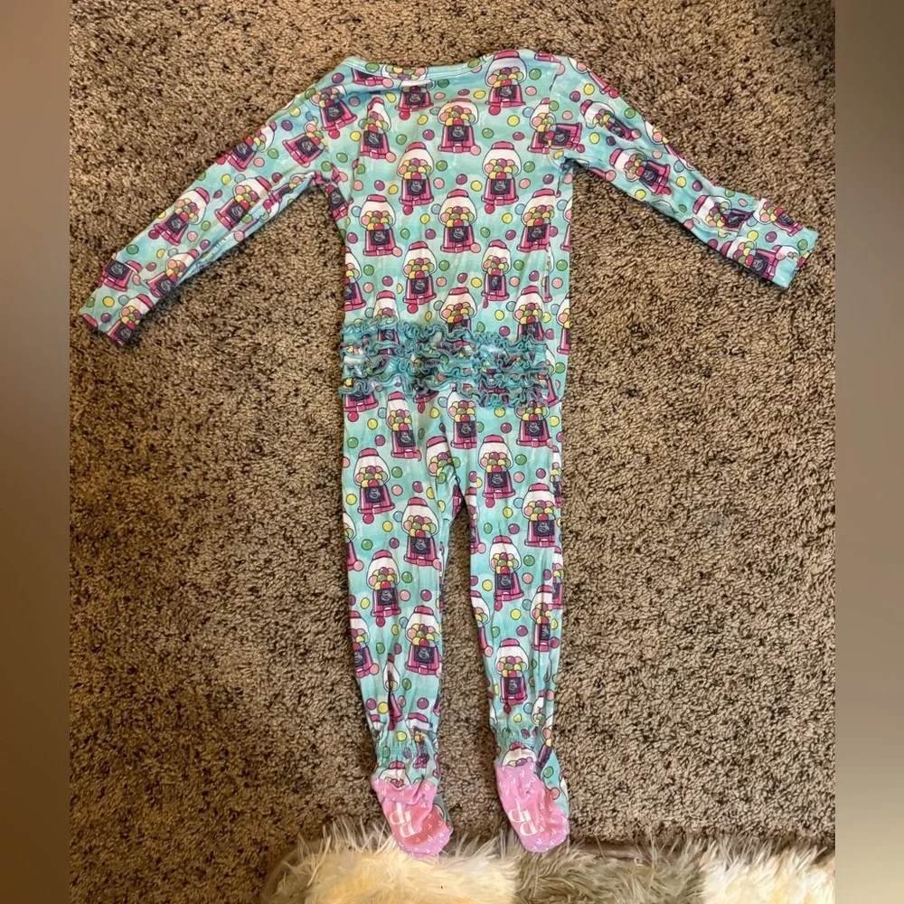 Posh Peanut Aqua and Pink Gumball Ruffle Print Footie